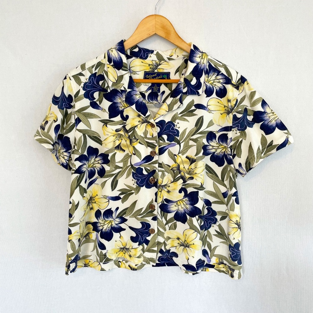 Island Traders Hawaiian Cropped Camp Shirt Yellow Purple Hibiscus Size XL